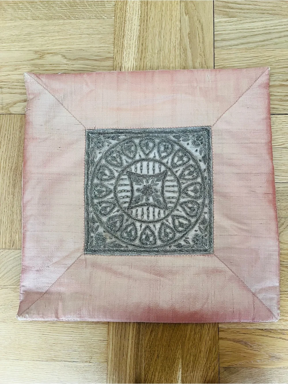 Embroidered Metallic Peach Throw Pillow - MISSING ZIPPER (see photos)